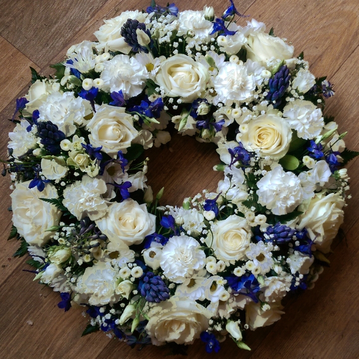 blue and white wreath Telford funeral flowers