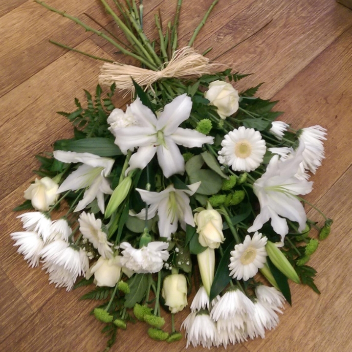 White and Green Funeral Bouquet, No Cellophane